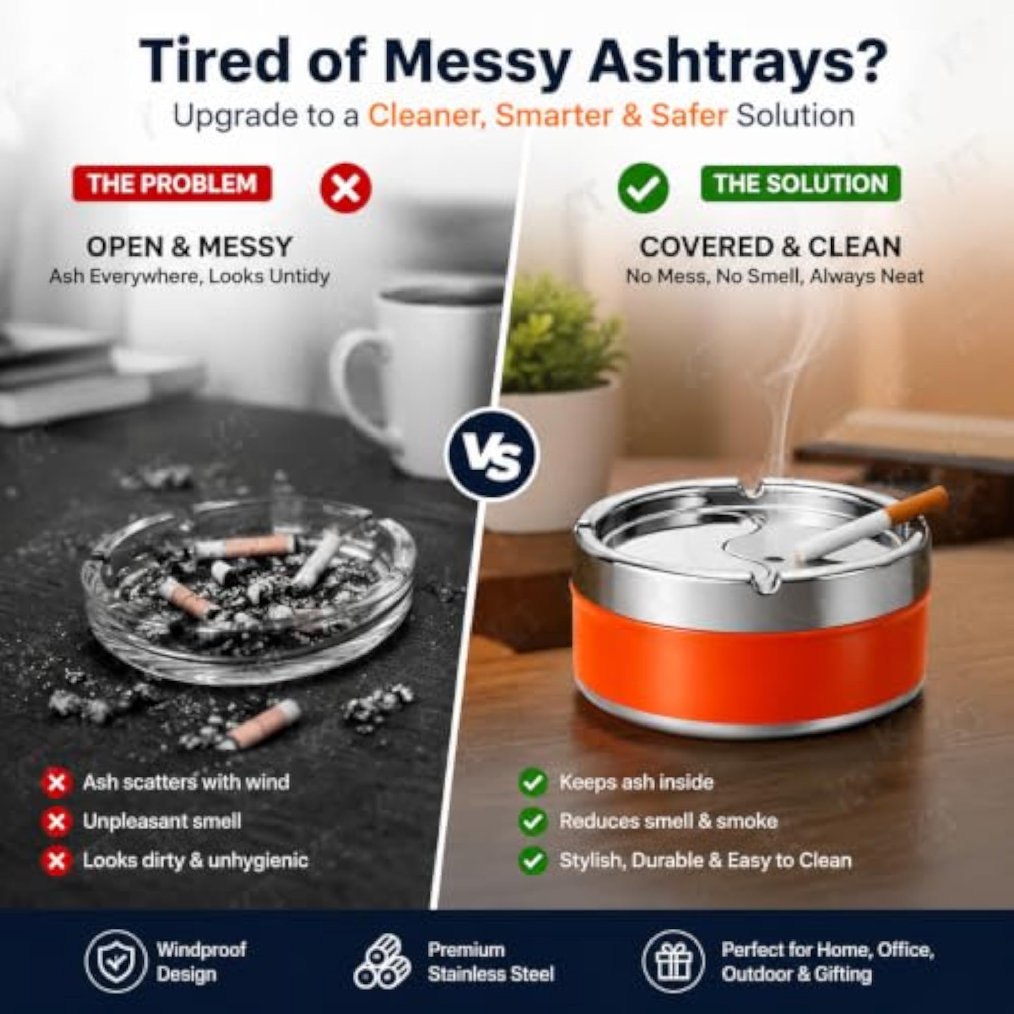 Stainless Steel Ashtray with Lid, Windproof Smokeless Design